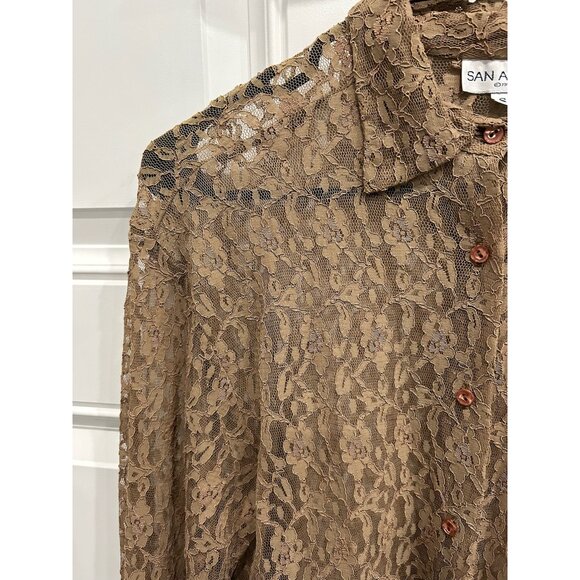 San André Vintage Lace Sheer Brown Blouse Button-Up Long Sleeve Womens Sz Small - Picture 4 of 8